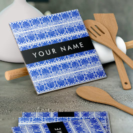 Grekiska Fret Arabesque Blue, Ditt namn, Anpassa Kakelplatta