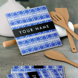 Grekiska Fret Arabesque Blue, Ditt namn, Anpassa Kakelplatta