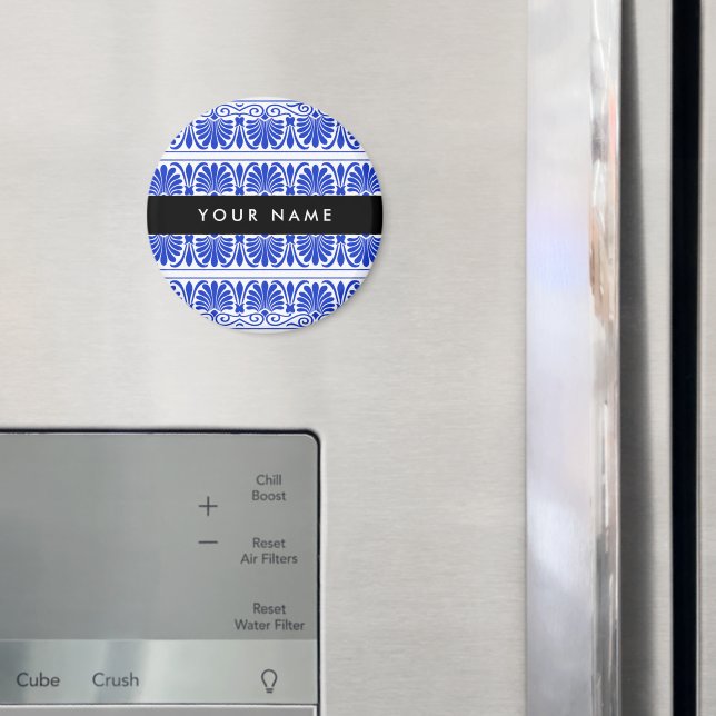 Grekiska Fret Arabesque Blue, Ditt namn, Anpassa Magnet (In Situ (Fridge))