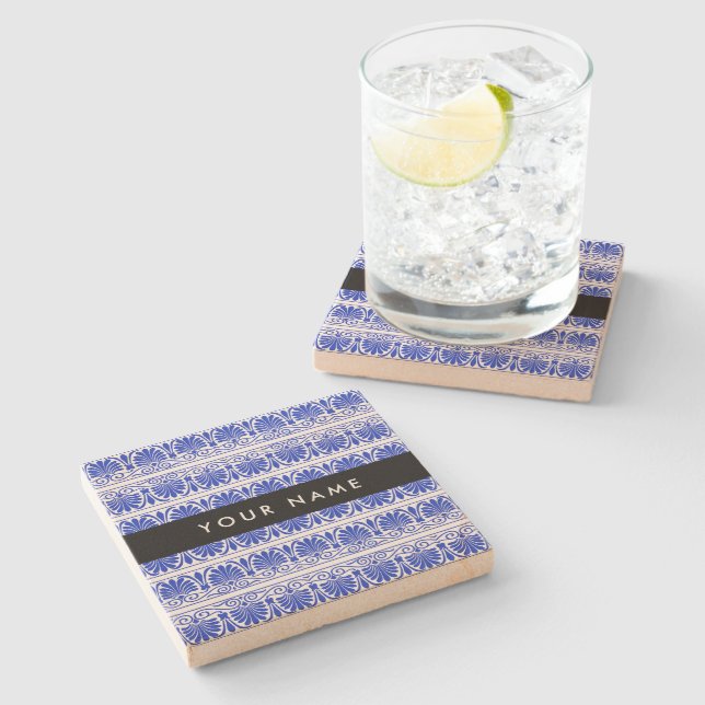 Grekiska Fret Arabesque Blue, Ditt namn, Anpassa Stenunderlägg (Sidan)