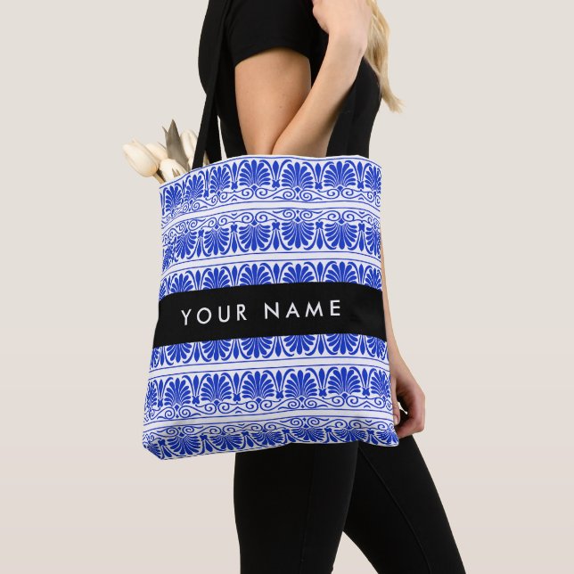 Grekiska Fret Arabesque Blue, Ditt namn, Anpassa Tygkasse (Närbild)
