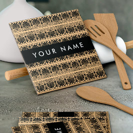 Grekiska Fret Arabesque Brown, ditt namn, Personal Kakelplatta