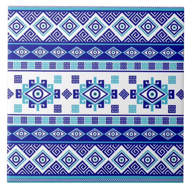 Grekiska Meander Nyckel och Evil Öga Kakelplatta (Framsidan)