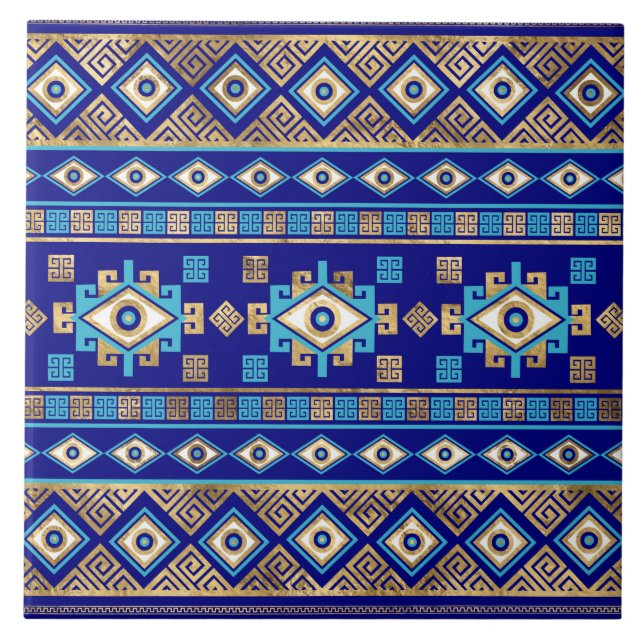 Grekiska Meander Nyckel och Evil Öga Kakelplatta (Framsidan)