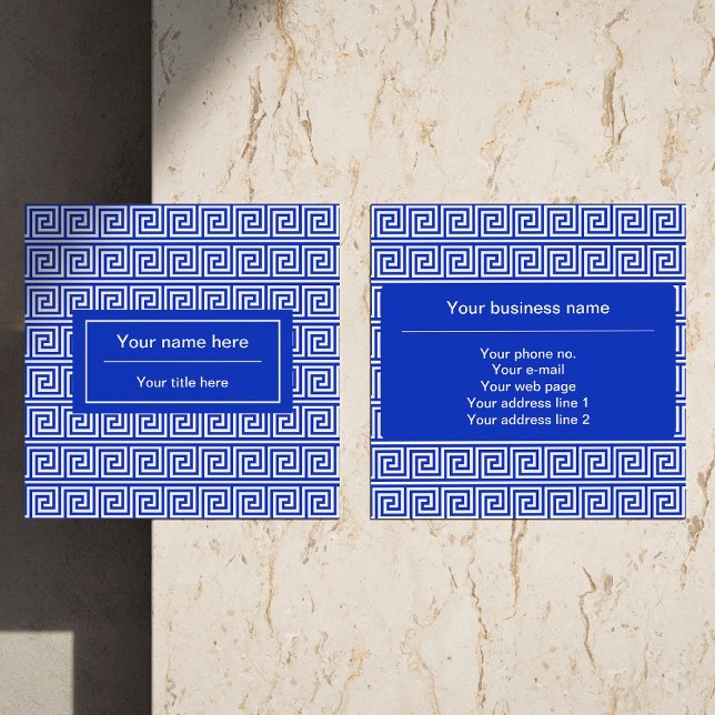 Grekiska Meander Nyckel Squares Mönster Blue Fyrkantigt Visitkort (Skapare uppladdad)