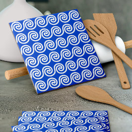 Grekiska Meander Nyckel Vinkara Mönster Blue Kakelplatta