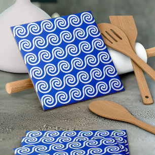 Grekiska Meander Nyckel Vinkara Mönster Blue Kakelplatta