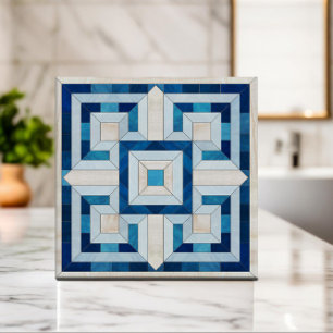 Grekiska Nyckel Mosaic - Travertine och Blue Marbl Kakelplatta