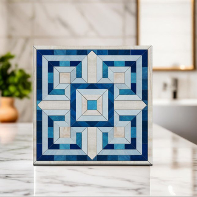 Grekiska Nyckel Mosaic - Travertine och Blue Marbl Kakelplatta (Skapare uppladdad)