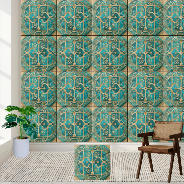 Grekiska Nyckel-plattan - Teal och Guld Kakelplatta (Ancient Greek Key Pattern Tile - Teal and Gold)