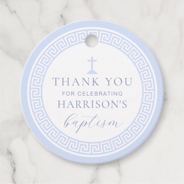 Grekiska Nyckel White Blue Baptism Tack Gåvor Etiketter (Framsida)
