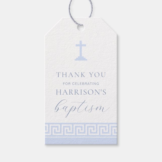 Grekiska Nyckel White Blue Baptism Tack Presentetikett (Framsidan)
