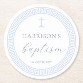 Grekiska Nyckel White Blue Baptism Underlägg Papper Rund