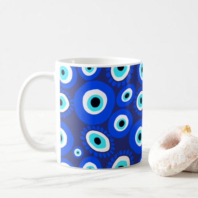 Grekiska Öga-symbolen Blue och White Mönster Kaffemugg (Med munk)