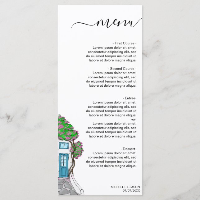 Grekiska ön bröllop, bestämmelseort meny (Framsida)