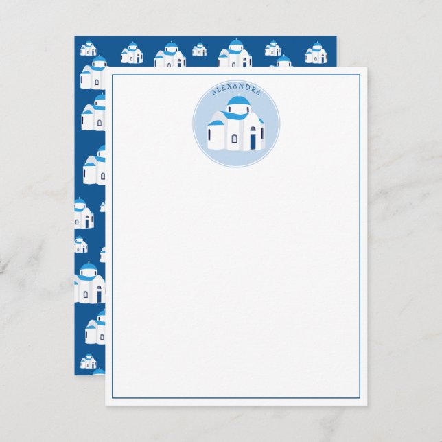 Grekiska ön Santorini Blå kupolkyrka Monogram Anteckningskort (Fram/baksida)