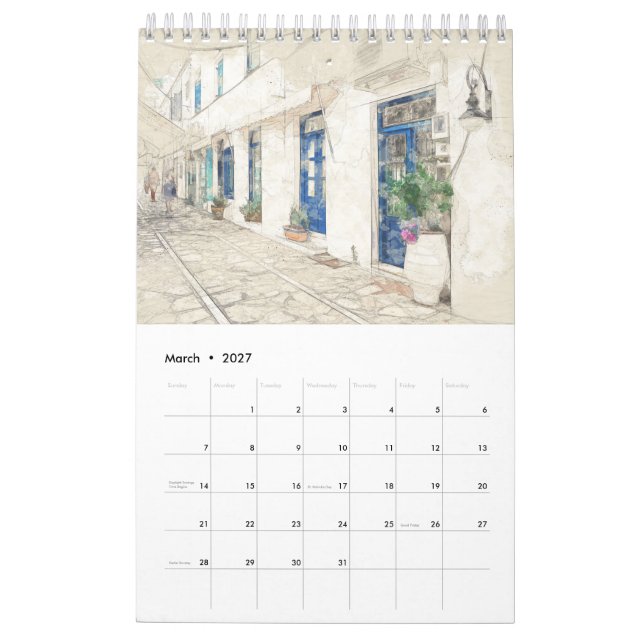 Grekiska skisser 2026 års väggkalender - handritad kalender (Mar 2027)