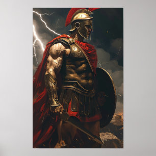 Grekiska Spartan Warrior, som står framför Lightni Poster