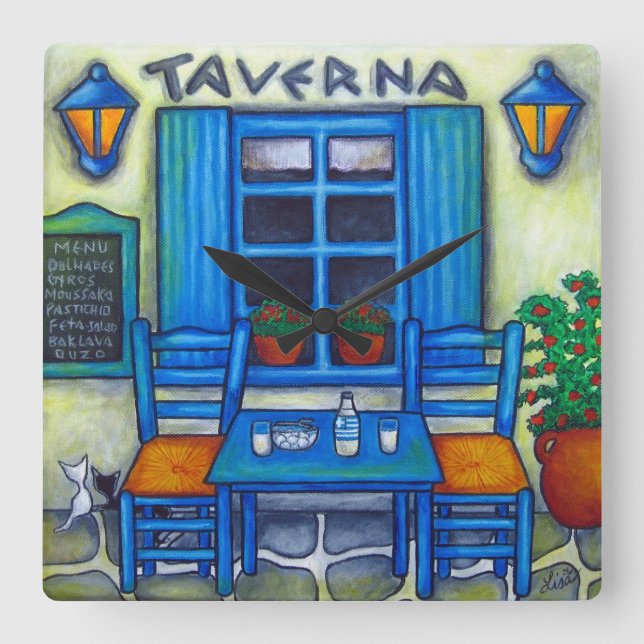 Grekiska Taverna Square Wall Clock, Lisa Lorenz Fyrkantig Klocka (Framsida)