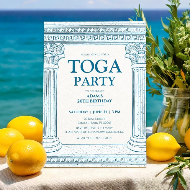 Grekiska Toga Party i blått med eleganter Inbjudningar (Skapare uppladdad)