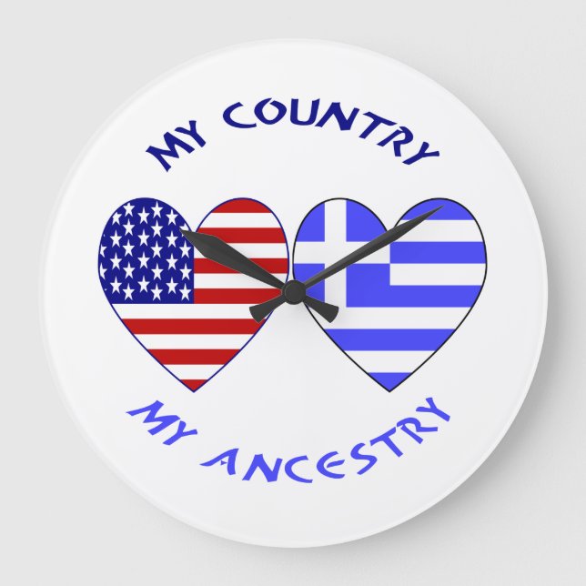 Grekiska USA flagga Hearts Land Ancestry Stor Klocka (Framsida)