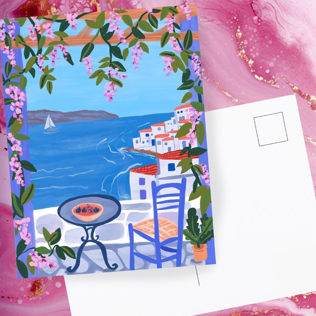 Grekiska vyer från Terrace Gouache Painting Vykort (Greece Views from Terrace Gouache Painting Postcard
)