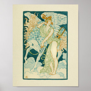 Grekiska Woman Lyre Horse Blue Stars Skriv ut Poster