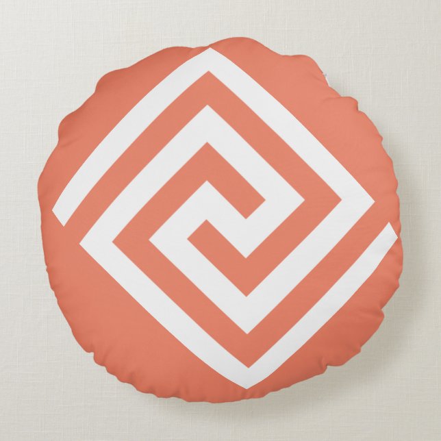 Grekiskt nyckel Mönster Orange Vitt Present Trendi Rund Kudde (Baksidan)