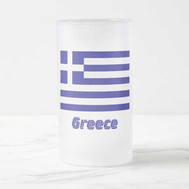 Grekland flagga med namn frostat ölglas (Center)