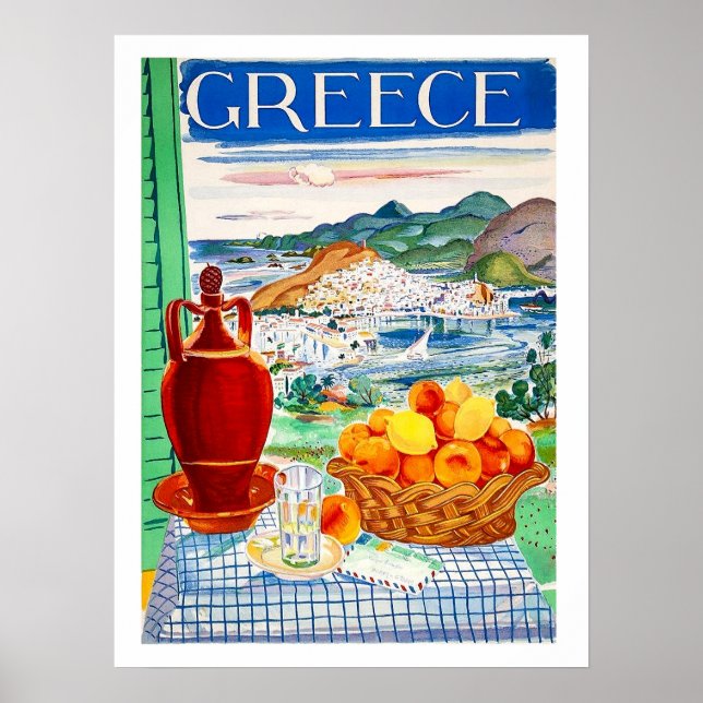 Grekland, frukter på bordet, fönster landskapsvy poster (Framsidan)