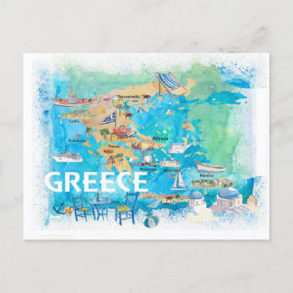 Grekland illustrerade Karta med landmärken för res Vykort