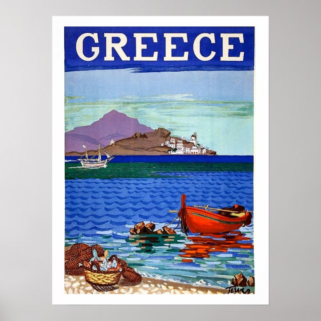 Grekland, kust, fiskebåt i vattnet, vintage poster (Framsidan)