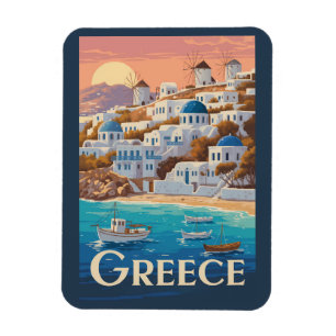 Grekland Mykonos Illustration Travel Art Vintage Magnet