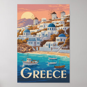 Grekland Mykonos Illustration Travel Art Vintage Poster