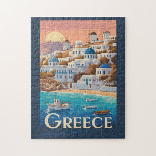 Grekland Mykonos Illustration Travel Art Vintage Pussel