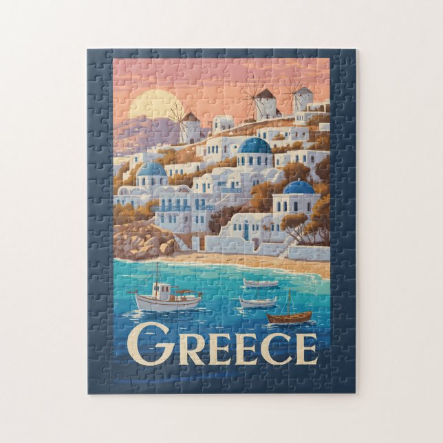 Grekland Mykonos Illustration Travel Art Vintage Pussel (Vertikal)