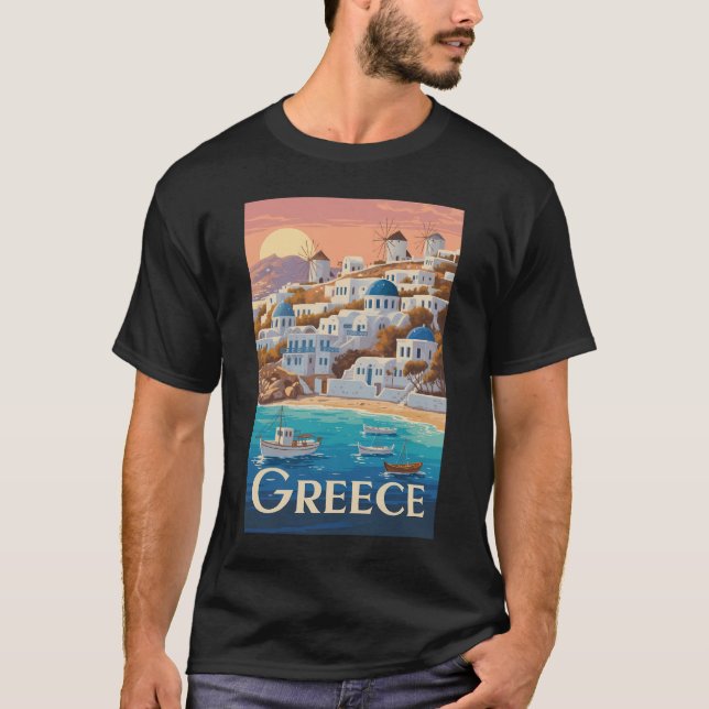 Grekland Mykonos Illustration Travel Art Vintage T Shirt (Framsida)
