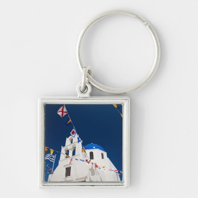 Grekland och grekiska ön Santorini staden Oia 4 Fyrkantig Silverfärgad Nyckelring (Framsidan)