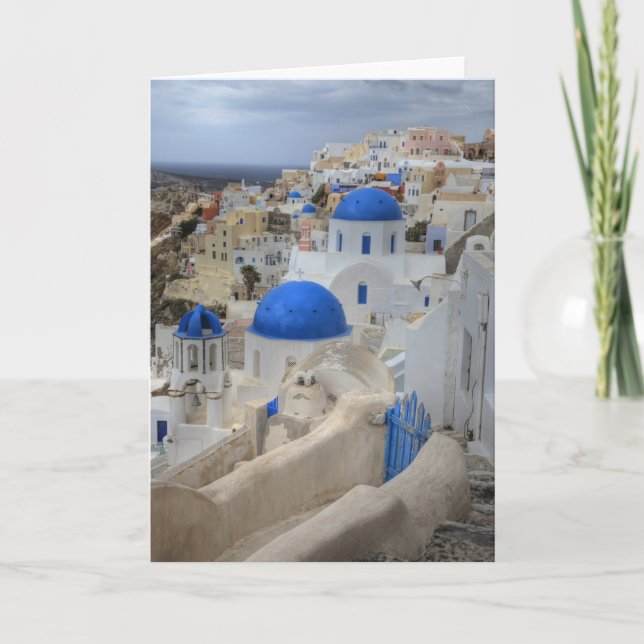 Grekland, Santorini. Bell torn och blå domän på 3 Kort (Framsida)