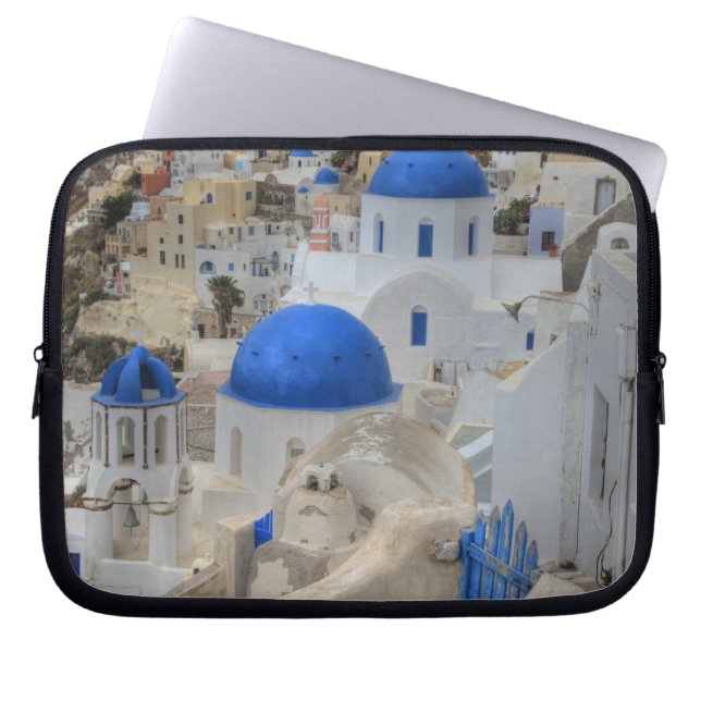 Grekland, Santorini. Bell torn och blå domän på 3 Laptop Sleeve (Framsidan)