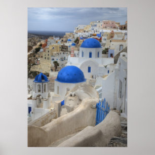 Grekland, Santorini. Bell torn och blå domän på 3 Poster