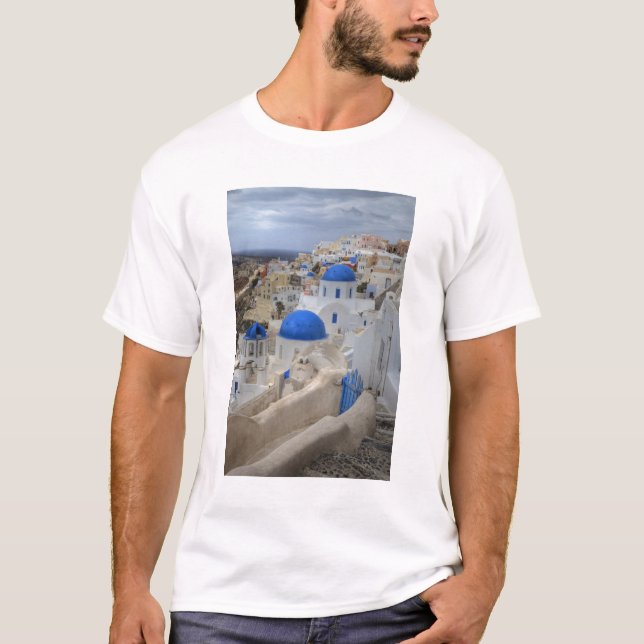 Grekland, Santorini. Bell torn och blå domän på 3 T-shirt (Framsida)