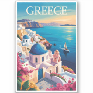 Grekland Santorini Illustration Travel Art Vintage Klistermärken