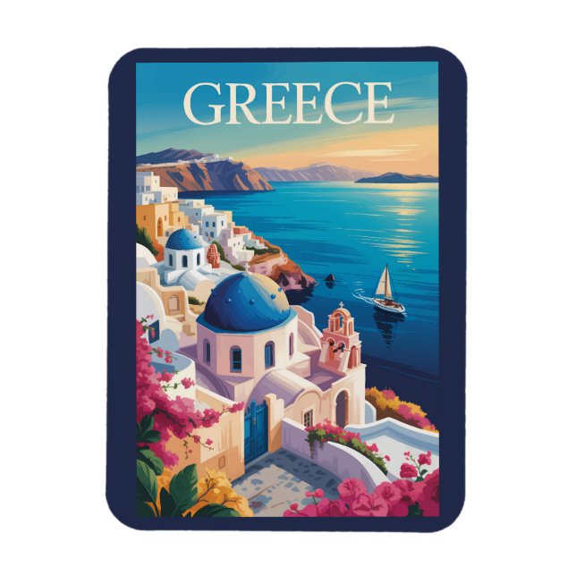 Grekland Santorini Illustration Travel Art Vintage Magnet (Vertikal)