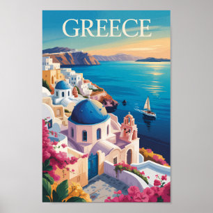 Grekland Santorini Illustration Travel Art Vintage Poster