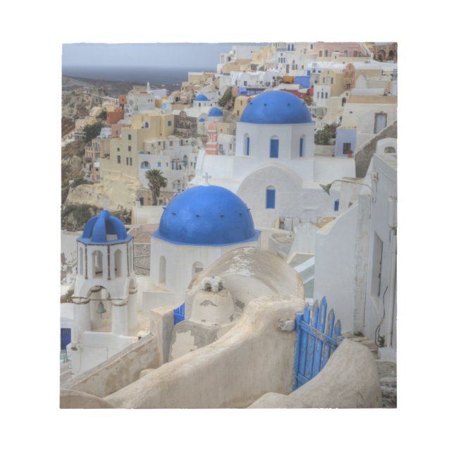 Grekland, Santorini. Kampanil och blå kupoler på 3 Anteckningsblock (Framsida)