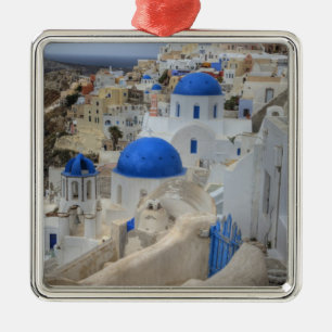Grekland, Santorini. Kampanil och blå kupoler på 3 Julgransprydnad Metall