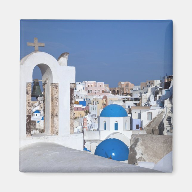 Grekland, Santorini. Klocktorn och blå kupoler på  Magnet (Framsidan)