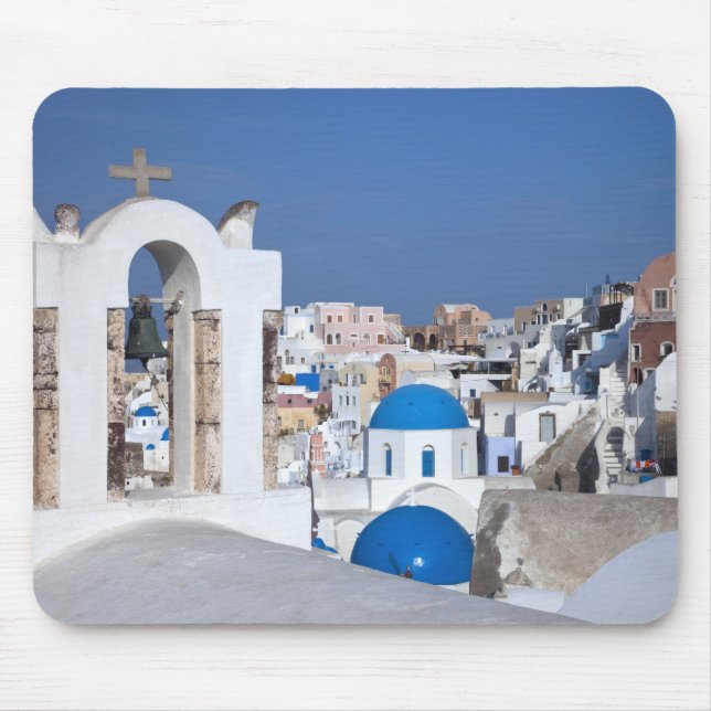 Grekland, Santorini. Klocktorn och blå kupoler på  Musmatta (Framsidan)
