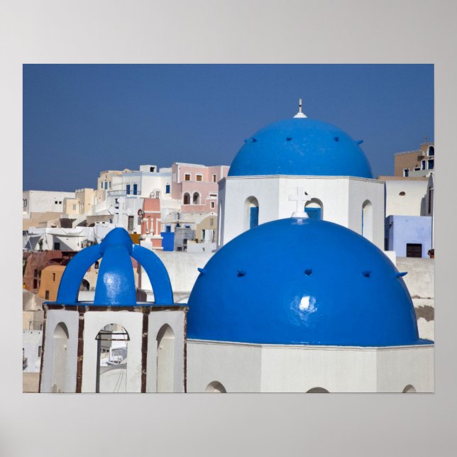 Grekland, Santorini. Klocktorn och blå kupoler på Poster (Framsidan)